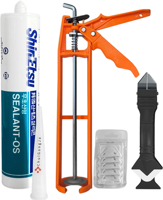 철공자 신에츠 무초산 실리콘 세트 무초산실리콘 + 실리콘건 + 마감헤라 + 스크레퍼 방수 창문 외벽 샷시 외부 화장실 타일 변기 곰팡이방지 색상, 백색, 1세트