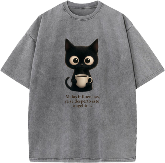 피그먼트 워싱 빈티지 순면100% 16수 블랙고양이 커피 감성룩 티셔츠 오버핏 S-5XL[에이비씨홈]