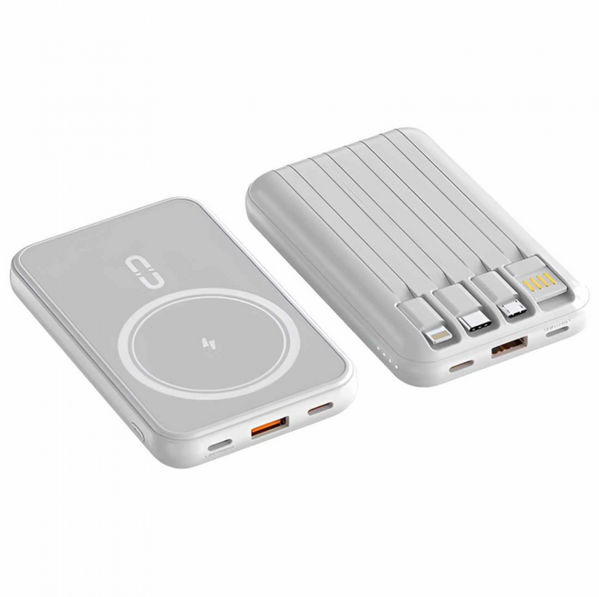 20000MAH 磁吸行動電源 輕薄快充大容量 自帶線TYPEC行動充, 款式1 白 磁吸無線+自帶線