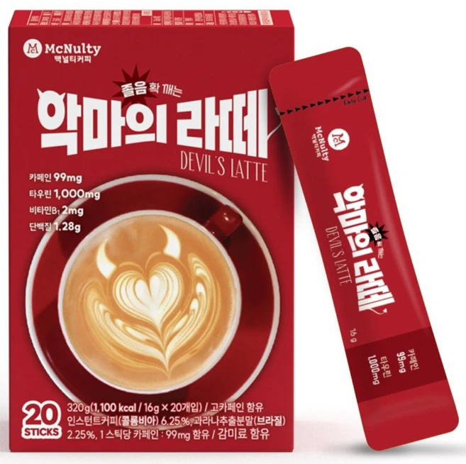맥널티커피 졸음 확 깨는 악마의 라떼 커피믹스, 2개, 20개입, 16g - 쿠팡