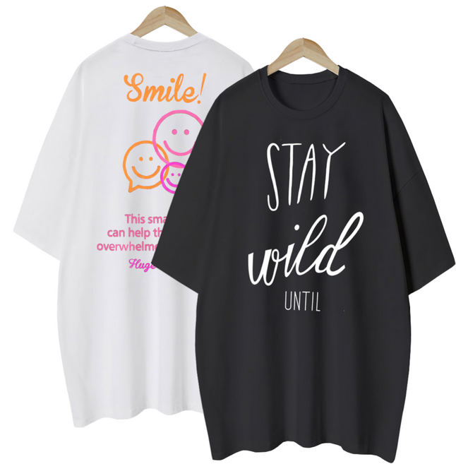 엠제이스타 1+1 여성 이모티콘 언틸 여름 반팔 루즈핏 롱 프린팅 티셔츠 2P