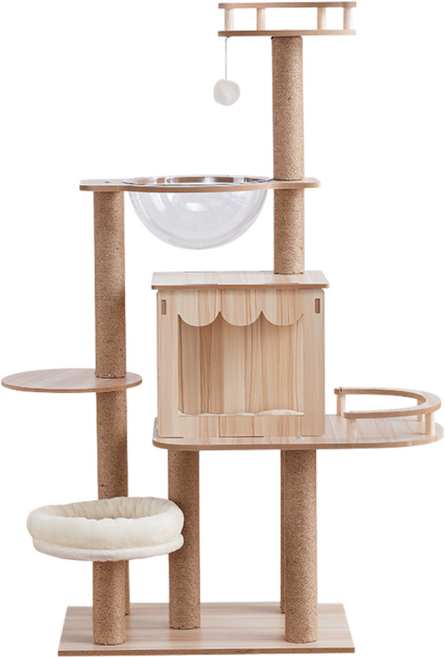 Pawprint 캣타워 대형 원목 고양이 타워 3단 구조 안정적 설계 고양이 스크래처 및 숨숨집 포함 실내/아파트/다층 구조 적합 성묘 및 새끼 고양이 모두 사용 가능, 1개