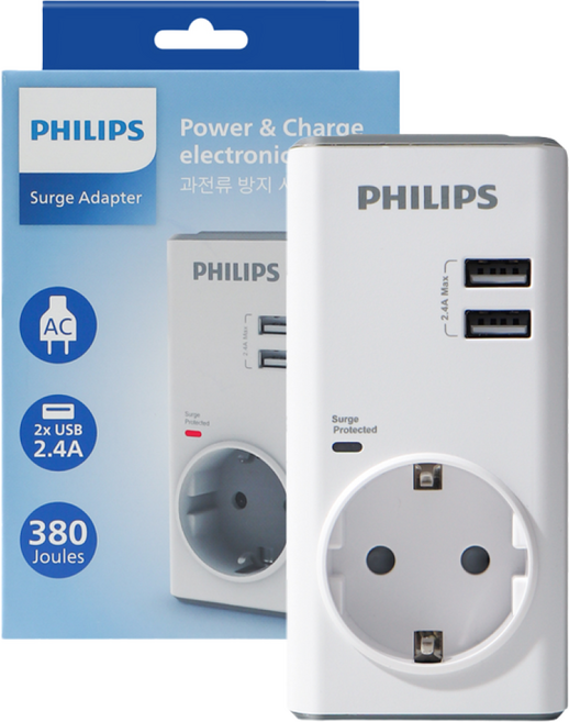필립스 서지보호멀티탭 고용량 무선 USB 고속충전, 1mm, 화이트 1구 USB 3포트 CHP8010W, 1개