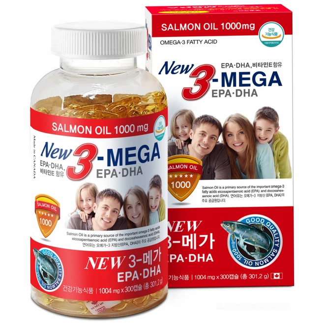 프리미엄 캐나다 살몬오일 99.9% 오메가3 1000mg New3-MEGA EPA & DHA 비타민E 함유 300캡슐, 1개, 300정 - 쿠팡