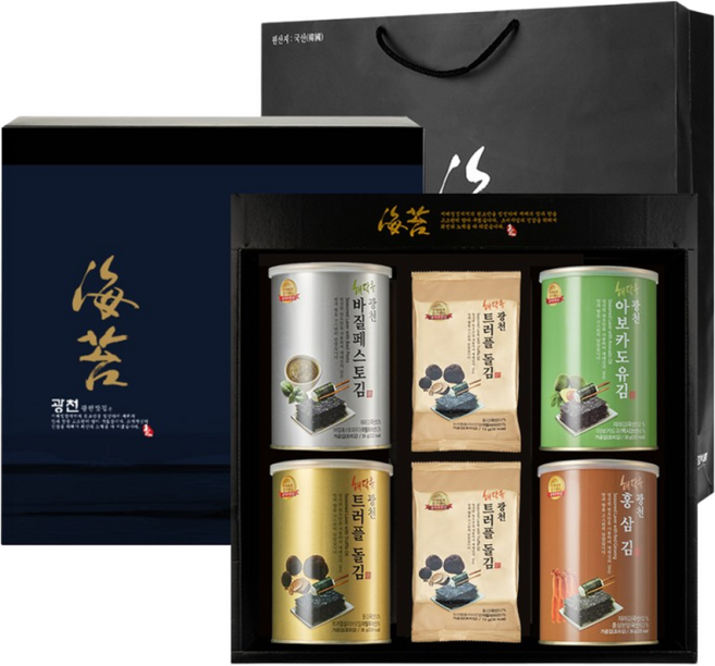 광천 해달음 명품 트러플 바질페스토 아보카도유 홍삼 재래김 돌김 도시락김 캔김 + 고급쇼핑백포함, 4개