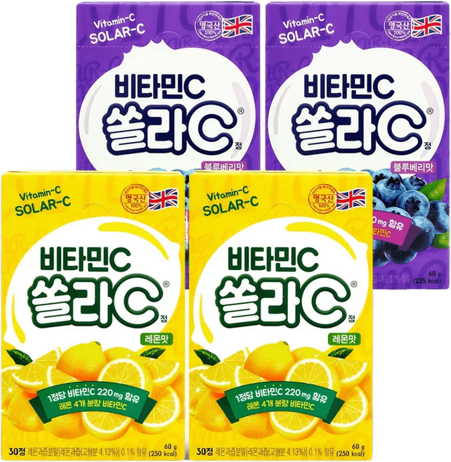 쏠라C 비타민C 30정 레몬맛 2개 블루베리맛 2개, 4박스, 2g