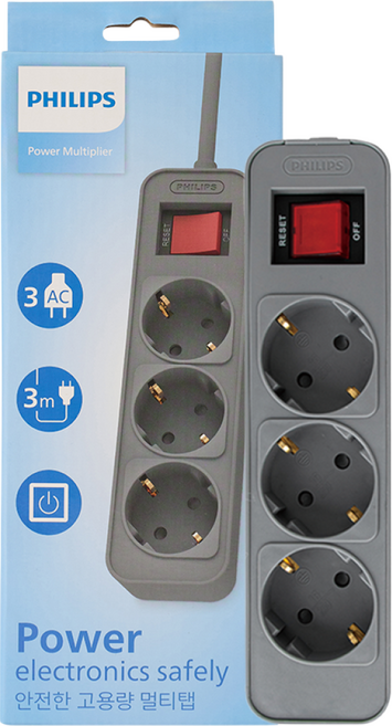 필립스 고용량멀티탭 4000W 워크탭 과부하차단, 1.5m, 올그레이 3구 CHP2134G, 1개