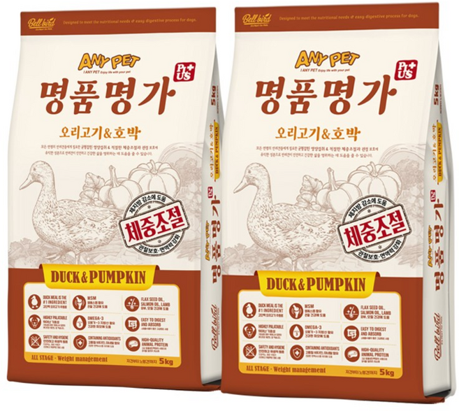 애니펫 명품명가 플러스 오리+호박 5kg 체중조절 다이어트 면역력 전연령 기호성 좋은 대용량 강아지사료 x 2개