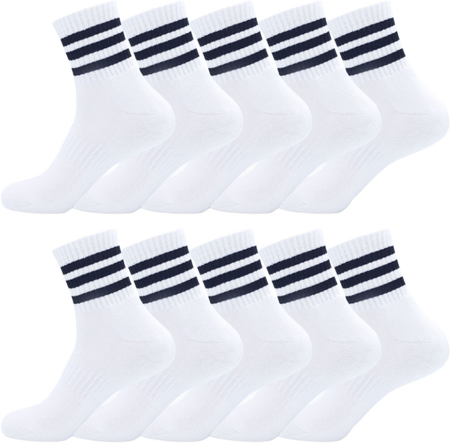 메가양말 로베르토 삼선 스포츠양말 중목 이중바닥 쿠션 10P, 화이트, 10개