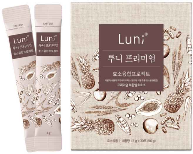 루니 프리미엄 유산균 발효 소화 맞춤형 효소 프리바이오틱스 아미노산 비타민 미네랄 이너뷰티, 90g, 1박스