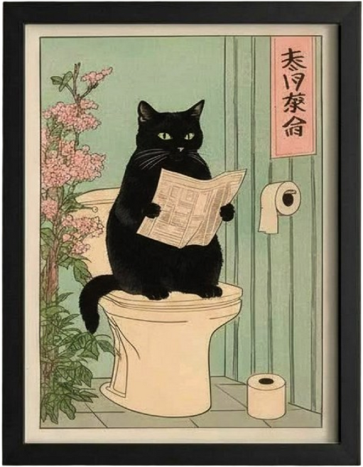 도쿄나이트 고양이 액자 감성 일러스트 인테리어 그림+액자 세트 11종, 2번옵션  검은고양이 신문화장실(블랙 액자)