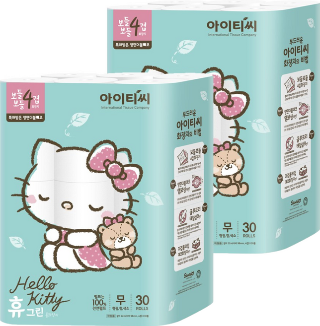 헬로키티 휴그린 보들보들 4겹 롤화장지, 2개, 30롤