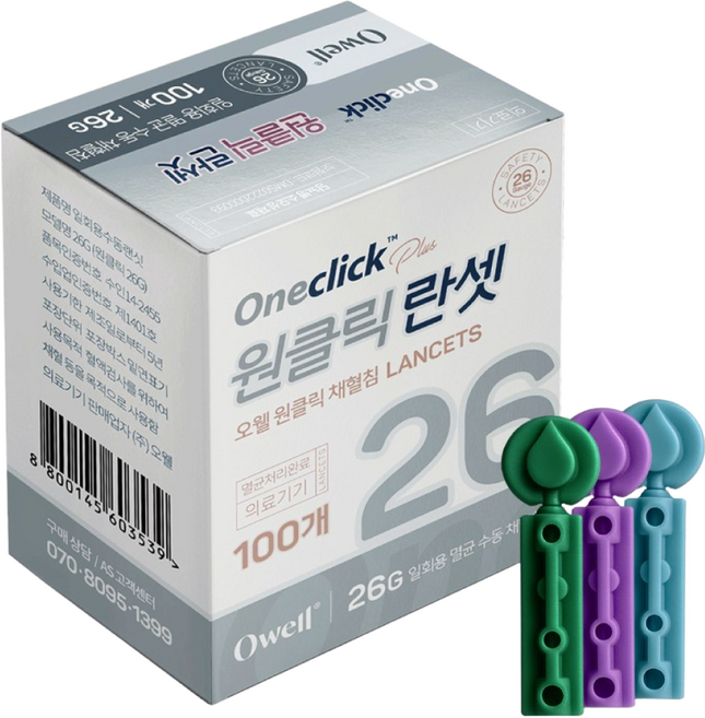오웰 원클릭 사혈 채혈침 일회용 수동랜싯 26G, 100개입, 3개