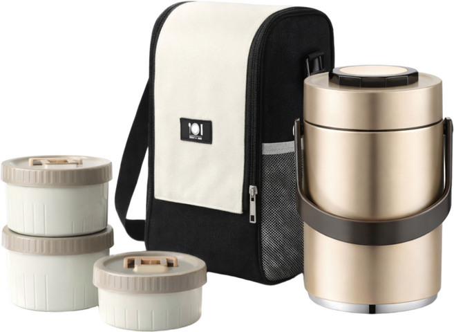 코코리브 3단 대용량 스테인리스 보온보냉 도시락 보온백 세트, 1개, 골드