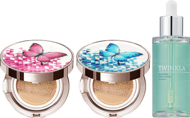[쿠션15g+쿠션15g+앰플50ml] 트윙클라 스타일71 [복합 피부 추천] 풀커버 쿠션 [17호 21호 23호], 1개, 나비핑크21호+나비블루21호(복합)+앰플