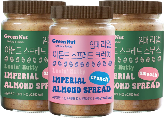 무설탕아몬드버터 100% 임페리얼 아몬드스프레드 (스무스2 + 크런치1 ), 400g, 3개