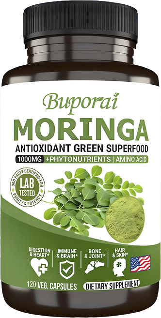 모링가 잎 1000mg 보충제 - 항산화 슈퍼푸드 파우더 - 에너지 피부 혈당 면역 (120캡슐), 1개, 30정
