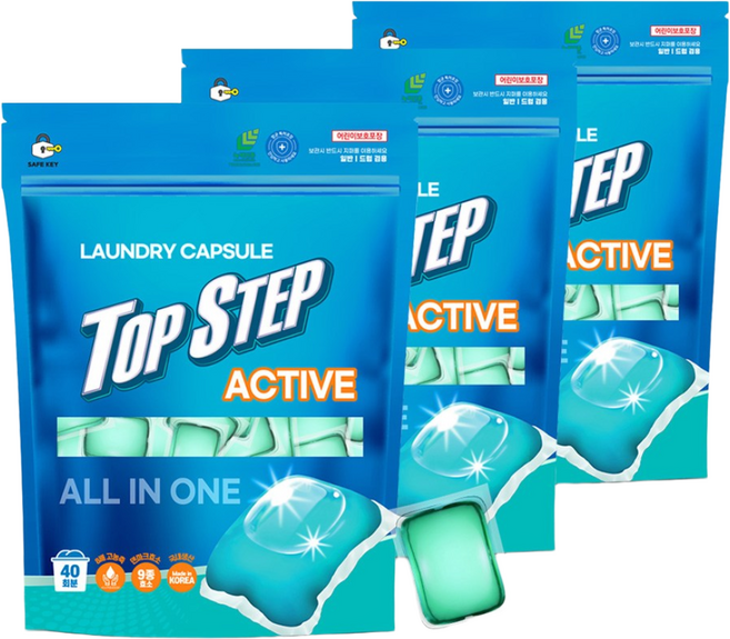 탑스텝 액티브 캡슐세제 / 8배고농축 비건인증 캡슐세탁세제 일반 드럼 겸용, 3개, 40개입