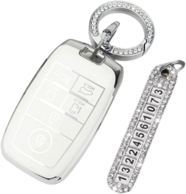 키에티 기아 호환 더뉴 올뉴카니발 6버튼 실버라인 차 키케이스 키홀더 + 분실방지 큐빅 전화번호판, 화이트 실버라인