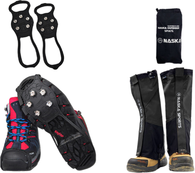 에이스샵_겨울 등산 아이젠+스패츠 1세트 / 남여공용 등산용 산행 각반 미끄럼방지, 도시형 아이젠, 롱스패츠(검정-파우치증정)