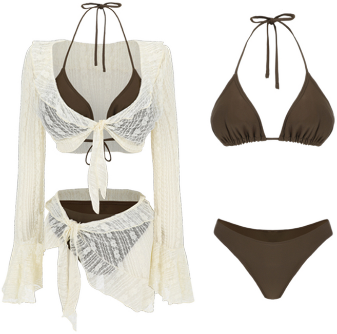 모노소울 체형커버 코니 홀터 4피스 비키니 수영복 큰컵가능, 브라운(크림), L(B-F컵 마른66-77까지)