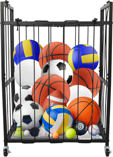 모던마켓 스포츠 장비 오거나이저 공 보관 상자 롤링 스포츠 볼 카트 체육관용 농구 케이지 실내 및 실외 스포츠 장비 이동식 정리함, 블랙