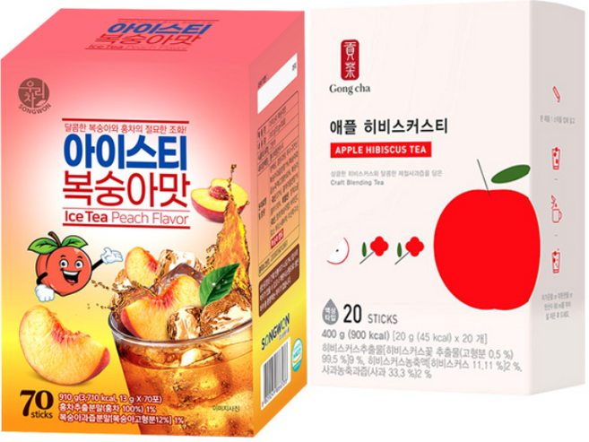 송원 아이스티 복숭아 70T +공차 애플히비스커스티 20T, 910g, 1개, 13g, 70 STICKS