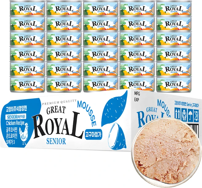 펫스토리로얄 프리미엄 시니어 고양이 그레이트 고구마 무스 주식캔, 닭, 60g, 30개 - 쿠팡