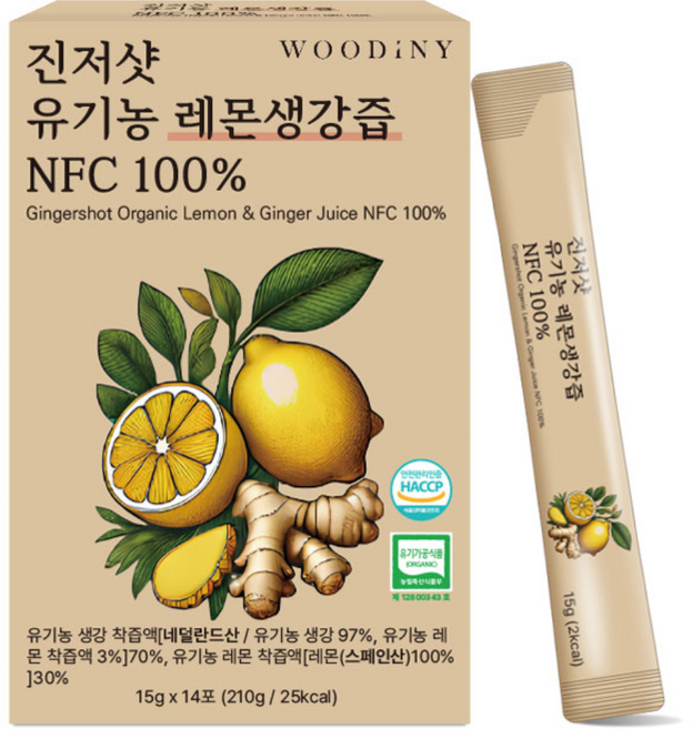 우디니 진저샷 유기농레몬생강즙 NFC 100%, 1박스, 15ml