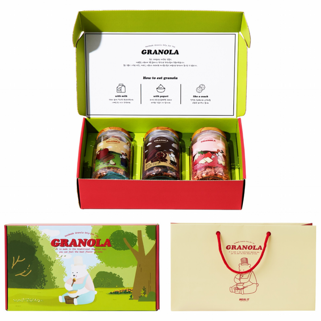 밀잇 무설탕 그래놀라 시그니처 레드 박스 3가지 맛 선물세트 (쇼핑백 포함), 1세트