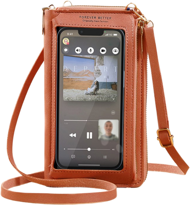 폰로드 터치 스크린 전기종 스마트폰 지갑형 크로스백 케이스, 브라운, 1개