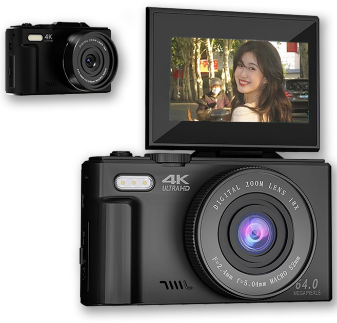 6400w 픽셀 회전 화면 하이엔드 카메라 WIFI 소형디지털카메라 여행용 인생+64G메모리카드, 블랙-64G