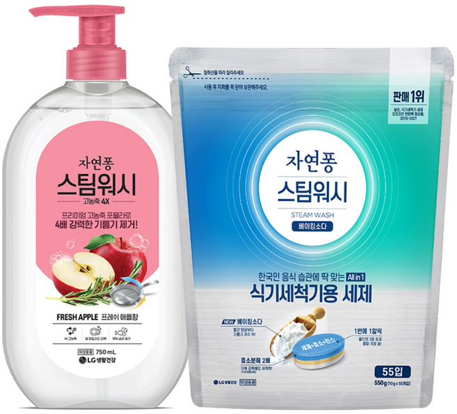 자연퐁 스팀워시 식기세척기 세제 타블렛 10GX55입 + 자연퐁 스팀워시 주방세제 애플향 750ml 용기, 1개