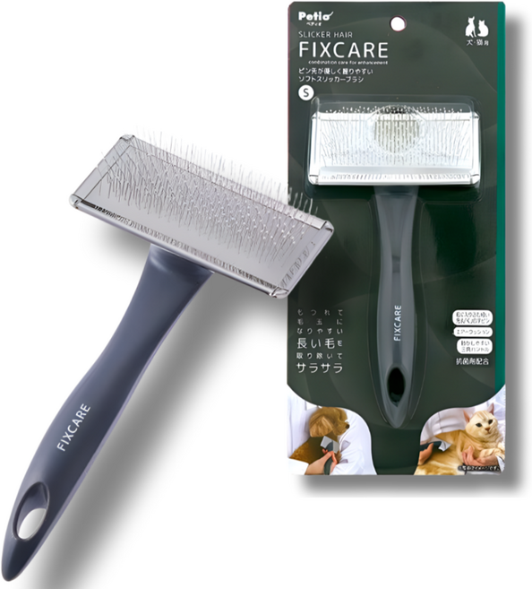 일본 페티오 반려동물 소프트 슬리커 브러시 에어쿠션 부드러운 데일리빗 FIXCARE, 중(S), 1개