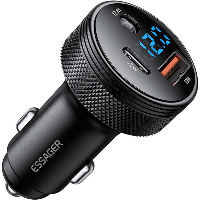 Essager DC 12V 100W USB A+C포트 3포트 차량용 시거잭 자동차 초고속 충전기, 블랙, DC+C+A포트