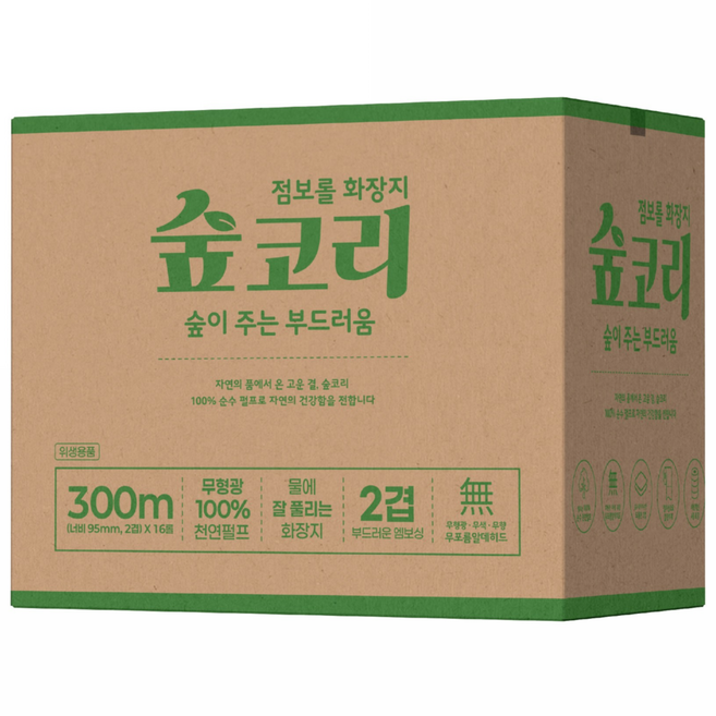 숲코리 300m 2겹 100% 천연펄프 잘풀리는 점보롤 화장지, 16롤, 1박스