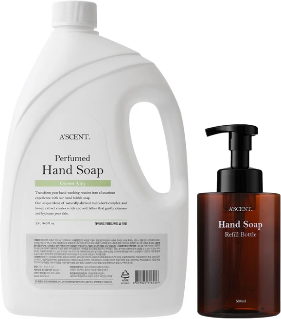 에이센트 핸드워시 대용량 리필 2.5L 손세정제 물비누 거품 버블 핸드솝, 그린에어리 1개, 공병 500ml 1개, 1개 - 쿠팡
