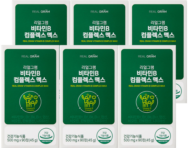 [신규입고] 리얼그램 비타민B컴플렉스 8종비타민B 200% 고함량, 90정, 6개