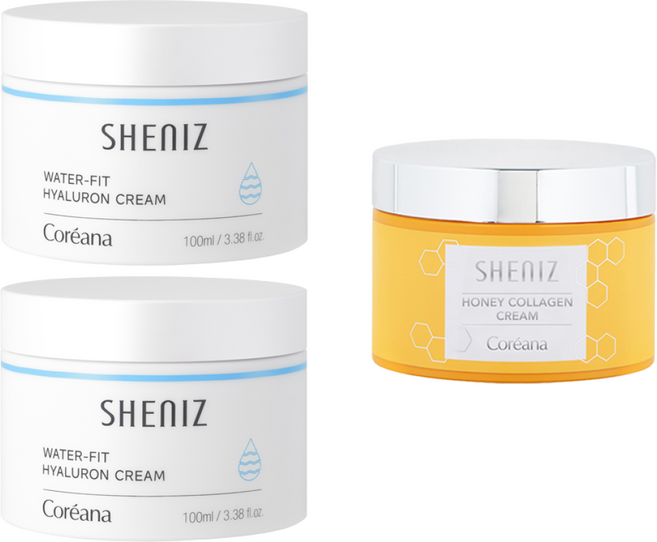 [수분크림+고보습 영양크림] 코리아나 쉬니즈 워터핏 히알루론 크림(수분팡팡 7종 히알루론산 함유)100ml 2개+고보습 허니 콜라겐 크림 100ml 1개, 100ml