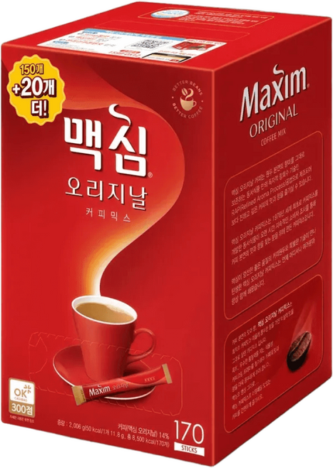 [성실한오피스] 동서식품 맥심 오리지날 커피믹스 170T 아라비카원두 천연 카제인 인스턴트 커피 가정 회사 탕비실 대용량 믹스커피, 11.8g, 170개입, 1박스