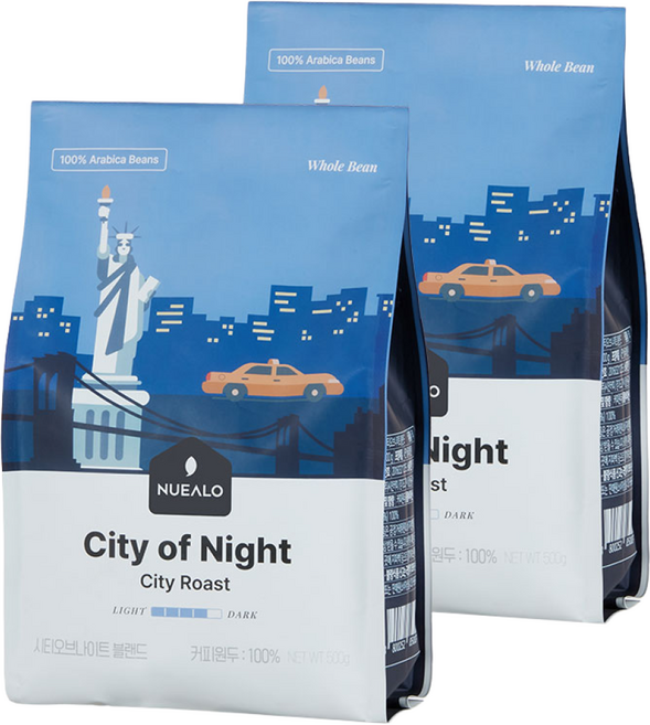 누알로 시티 오브 나이트 블랜드 케냐 콜롬비아 산미없는 원두커피 홀빈(분쇄안함) 1kg, 2개, 500g