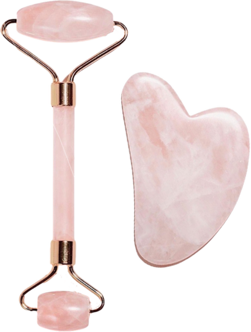 자연석 롤러 갈아주기 2종 세트+비취 옥 괄사 비취옥 페이스 롤러 얼굴 쿼츠 마사지 여성 로즈 하트 마사지기 도구 v라인 포인트, 분홍색, 1개