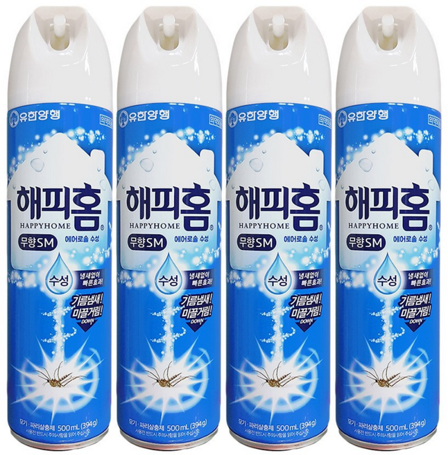 해피홈 유한양행 에어로솔 수성 살충제 무향, 500ml, 4개