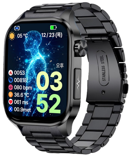 액션맨 글루코워치 ET 건강데이터 스마트워치, 블루투스, 5.13cm, 블랙실리콘+블랙스틸