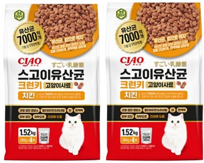 챠오츄르 전연령 고양이 스고이 유산균 크런키 건식사료, 닭, 1.52kg, 2개