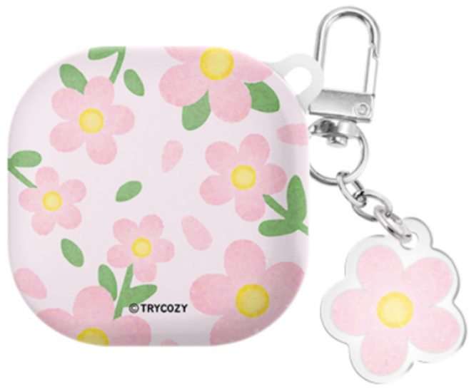 플라워드로잉 버즈라이브/버즈프로/버즈2/버즈2프로(공용) 하드 케이스 키링 세트, 플라워드로잉-핑크