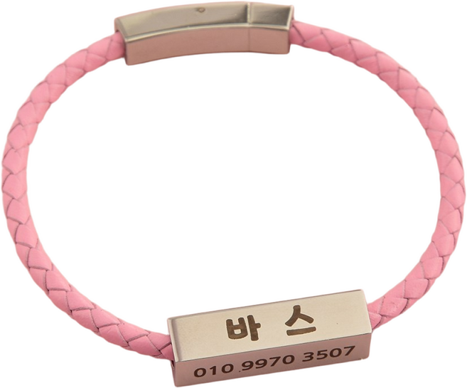 사각써지컬네임텍 가죽줄 강아지목걸이 고양이목걸이 4면각인 이름표 소형 중형, 핑크, 1개