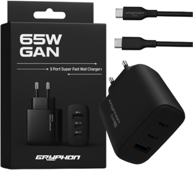 GRYPHON GaN 65W 멀티 충전기 3포트 PD PPS 초고속 C타입 노트북 충전 케이블 포함, 1개, 블랙