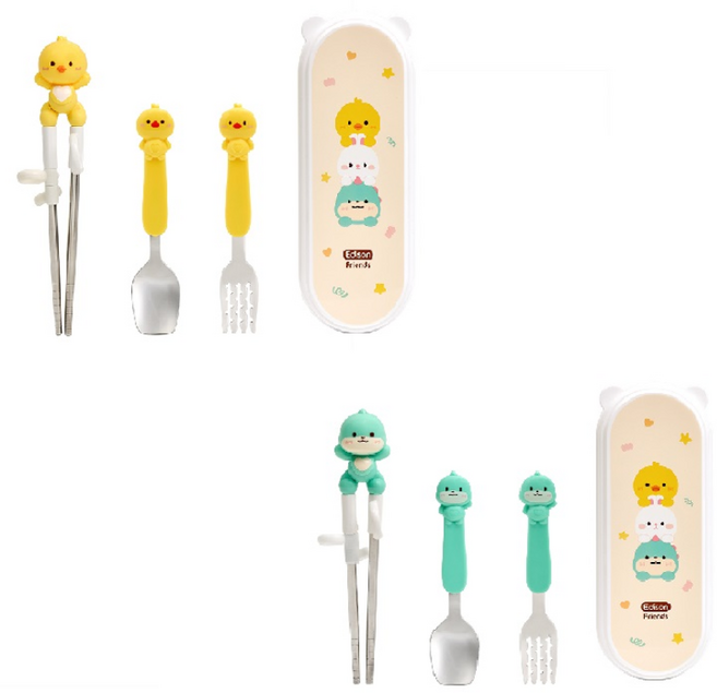 에디슨 프렌즈 4종 케이스 세트 1+1, 1세트, 스푼,젓가락,포크,케이스, 오리 EF2339+공룡 EF2346
