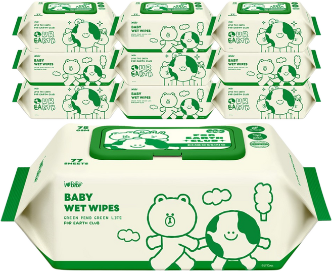 아이러브베베 라인프렌즈 그린 에디션 아기물티슈 캡형, 75g, 77매, 10개
